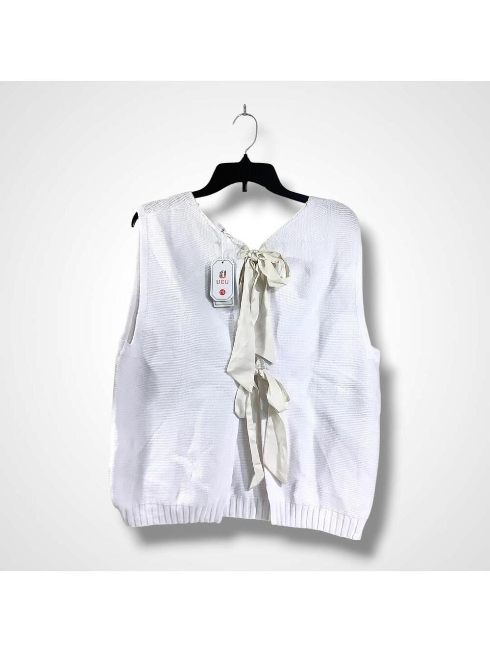 NWT UEU Y2K Crop Sleeveless Sweater Vest (White) With Tie Knot Back (Beige), L